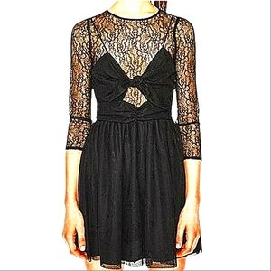 Zara black Lace Mesh Peek a Boo Tie Front Mini Cocktail Little Black Dre…